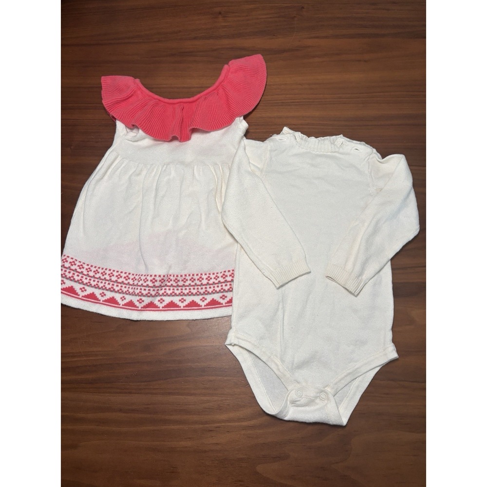 First Impressions Girls Sweater Dress Set Ivory Pink Fair Isle Cotton 12 Mo